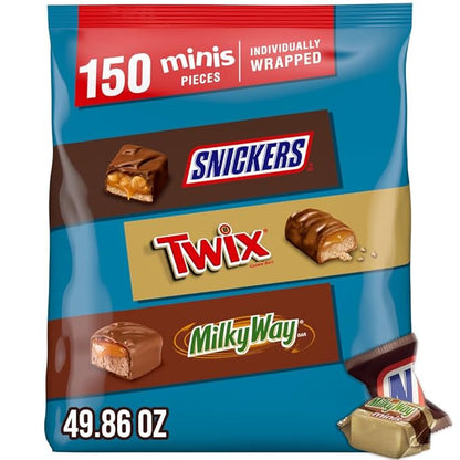 SNICKERS, TWIX & MILKY WAY Minis Assorted Chocolate Candy Variety Pack, Halloween Candy Bag, 150 Ct Bulk Bag