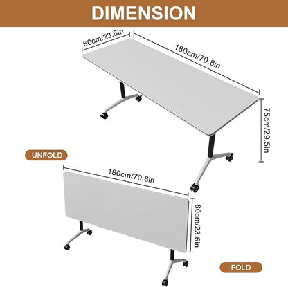 Folding Conference Table, Conference Room Tables Foldable Large Meeting Seminar Table on Wheels,Flip Top Boardroom Training Tables for Office, Classroom,Meeting (8, White2, 70.8)