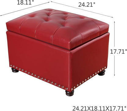 Adeco High End Red Classy Bonded PU-Leather Tufted Accents Rectangular Storage Bench Ottoman Footstool,