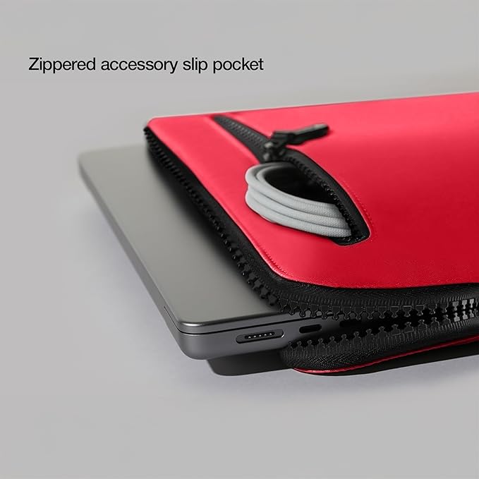 Incase Compact Laptop Sleeve with Flight Nylon - 16 Inch MacBook Pro and Laptop Case – Slim Computer Sleeve with Faux Fur Lining, Front Accessory Pocket with Zipper - Hibiscus Red