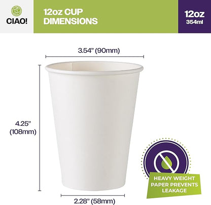 CIAO! 12oz White Paper Hot Cup, Disposable, 90mm Diameter 1,000 Count