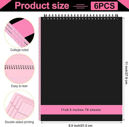 6 Pcs Legal Pad Top Spiral Bound Notebook 70 Sheets Wirebound Notepad Double Sided Ruled Memo Steno Pad with Stiff Back Cover for Business(8.5 x 11 Inches,No Holes,Pink)