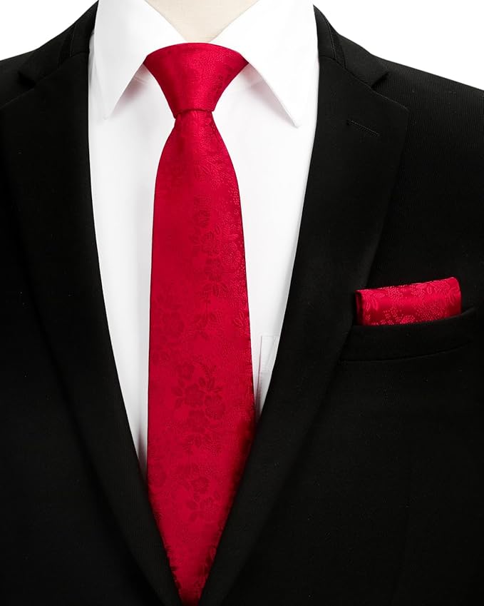 HISDERN Men Floral Ties Woven Classic 3.4" Necktie Set Formal Tie Pocket Square for Wedding with Handkerchief Gift Box