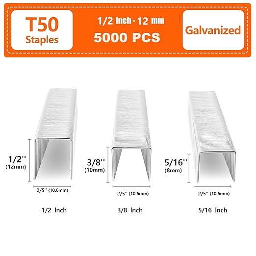 Heavy Duty T50 1/2 inch Staples 5000-Count, 20 Gauge Galvanized, for Pneumatic, Electric, Manual T50 Stapler Gun
