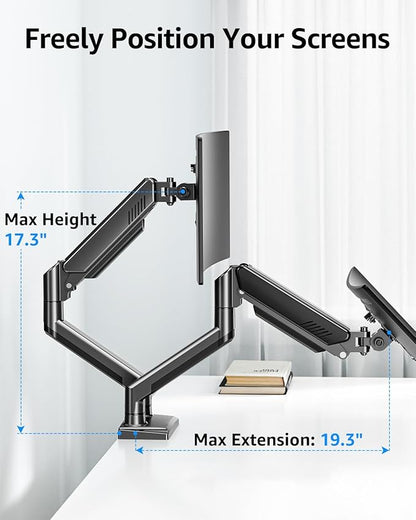 Dual Monitor Stand fits up to 32 inch, 4.4-22 lbs Computer Screens, Dual Monitor Desk Mount Height Adjustable, Monitor Arms for 2 Monitors, Home Office VESA Mounts with Gas Spring, Freelift Black