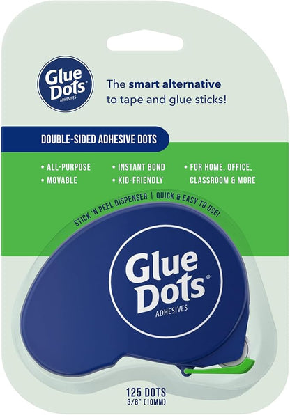 Glue Dots, Dispenser for everyday uses, 125 Dots, 3/8", .375 Inches, Movable, Repositionable, Multi-Functional, Label Containers, Glue Stick and Tape Alternative, Clear