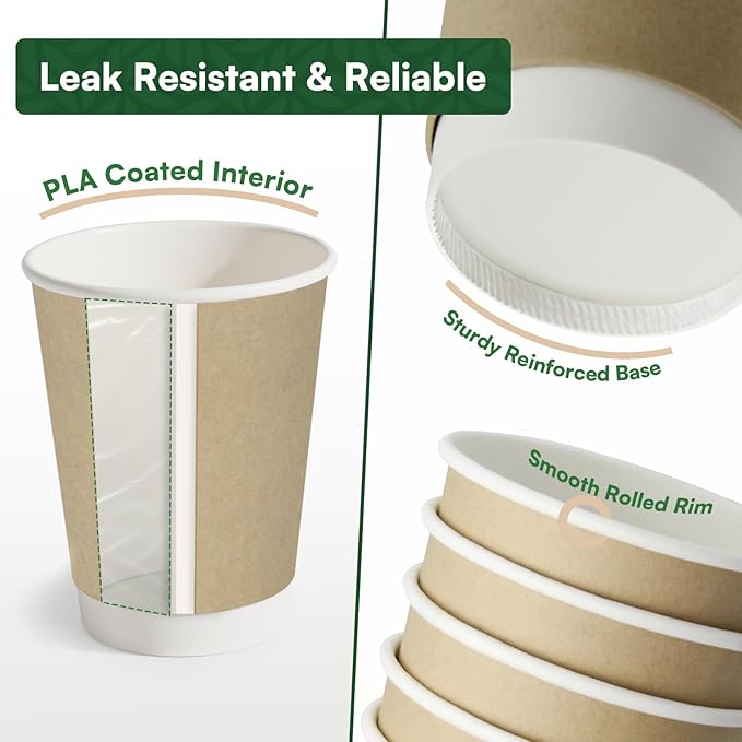 12 oz Compostable Coffee Cups Disposable Paper Cups,120 Pack Double Wall Hot Cups, BPI Certified PLA Coated Paper Cups, Natural Kraft To-go Disposable Coffee Cups for Office Coffee Bar To Go Travel
