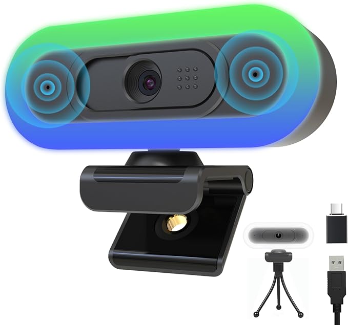 2K Webcam for PC, Plug and Play USB C Webcam with Dual Microphones,Ring Light,Fill RGB Light & Cover, Autofocus Web-Cam for Laptop,65°FOV, Streaming PC Web Camera for Desktop Computer Mac Zoom