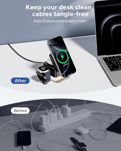 KPON for iPhone Nightstand Charging Station,15W 3 in 1 Wireless Phone Charger Stand with Night Lamp, Travel Foldable Magnetic Cube Magsafe Dock for iPhone 17 16 15 14 13 12 Series/Apple Watch/Airpods