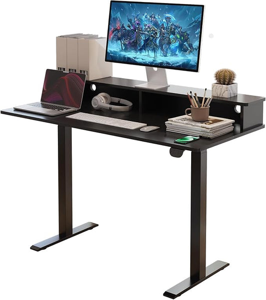 2-Tier Height Adjustable 45" Electric Standing Desk - Upgraded Ultra Durable Home Office Large Rectangular Computer Table or Laptop Sit Stand Workstation - Black