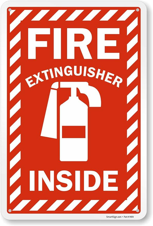SmartSign 18 x 12 inch “Fire Extinguisher Inside” Sign with Pre-cleared Holes, Digitally Printed, 55 mil HDPE Plastic, Red and white, Made in USA