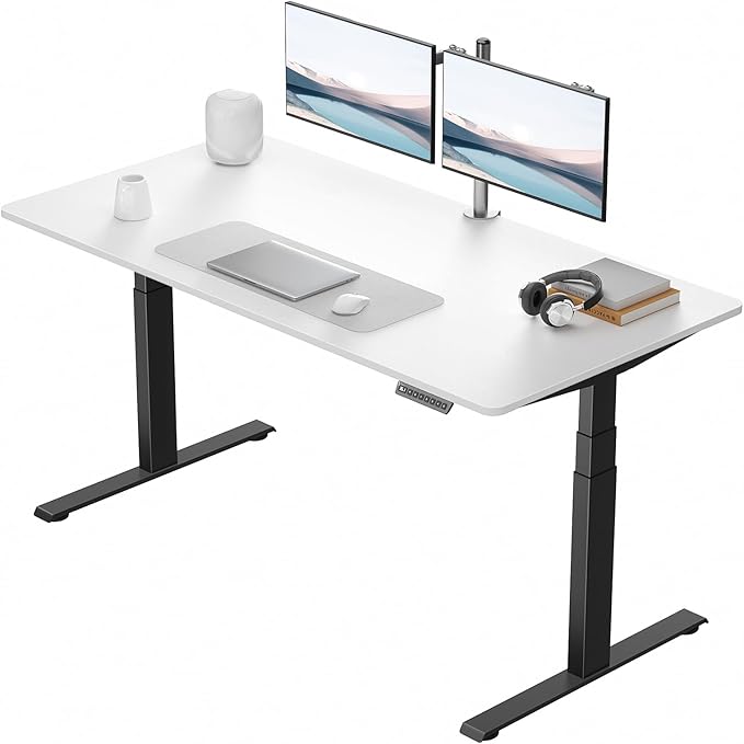Pro 3 Stages Dual Motor 59 x 30 in Electric Standing Desk with One Piece Desktop, Adjustable Height, Sit to Stand Up Desk for Home Office, Work Study, Black Frame & White Desktop (2 Packages)