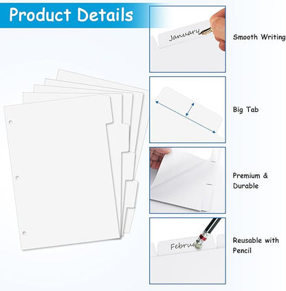 Binder Dividers for 3 Ring Binder, 1/5 Cut Tabs, Letter Size, Blank Write On Page Dividers with 5 Big Tabs for School Office Home, 8 Sets, 40 Dividers, White