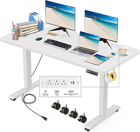 Electric Standing Desk 48 x 24 Inches Adjustable Height Sit Stand Up Desk for Home Office Computer Workstation with 2 USB Ports 3 AC Power Outlets Memory Preset and Wheels, White