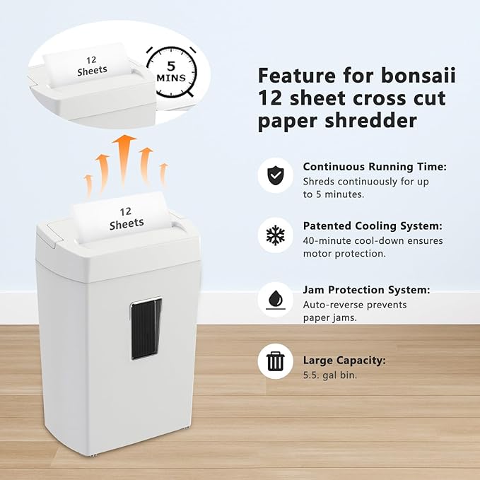 Bonsaii Heavy-Duty Cross-Cut Shredder, Handles up to 12 Sheets at Once, Providing P-4 high Security, Credit Cards, Mail & taples, 5.5-Gallon bin with a Transparent Window, Use in Home Offices, White