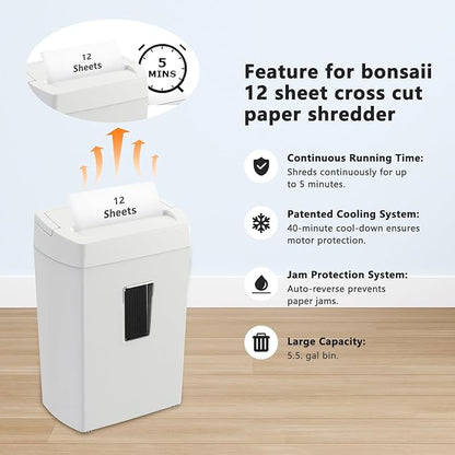 Bonsaii Heavy-Duty Cross-Cut Shredder, Handles up to 12 Sheets at Once, Providing P-4 high Security, Credit Cards, Mail & taples, 5.5-Gallon bin with a Transparent Window, Use in Home Offices, White