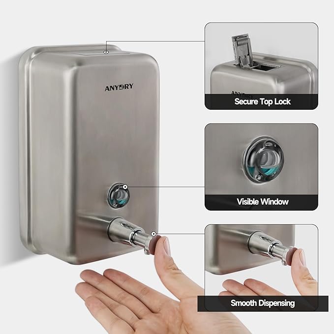 Commercial Soap Dispenser Wall Mount, Brushed Stianless Steel Finish Manual Soap Dispenser - 37oz (1100ml) Model 1003