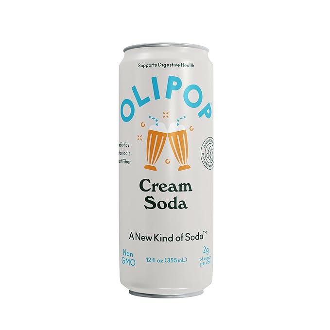 OLIPOP Prebiotic Soda Pop, Cream Soda, Pantry Pack Packed with Prebiotics, Fiber, and Botanicals, Gluten Free, Vegan, GMO Free, 12oz Skinny (12-Cans)