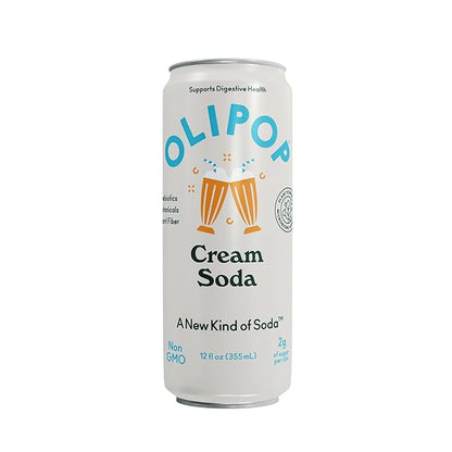 OLIPOP Prebiotic Soda Pop, Cream Soda, Pantry Pack Packed with Prebiotics, Fiber, and Botanicals, Gluten Free, Vegan, GMO Free, 12oz Skinny (12-Cans)
