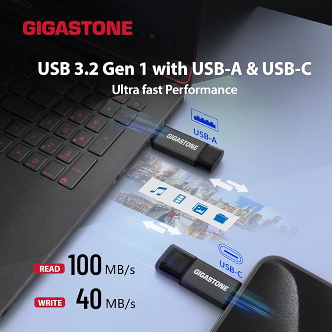 GIGASTONE 512GB Dual Drive (2 Pack) Z40 USB 3.2 Gen 1, 2-in-1 Type-A & Type-C, 100MB/s Ultra Fast, Head Cap Design, Plug & Play for Smartphone/PC/Mac/TV/Car Audio, USB 2.0/3.0/3.1 Compatible