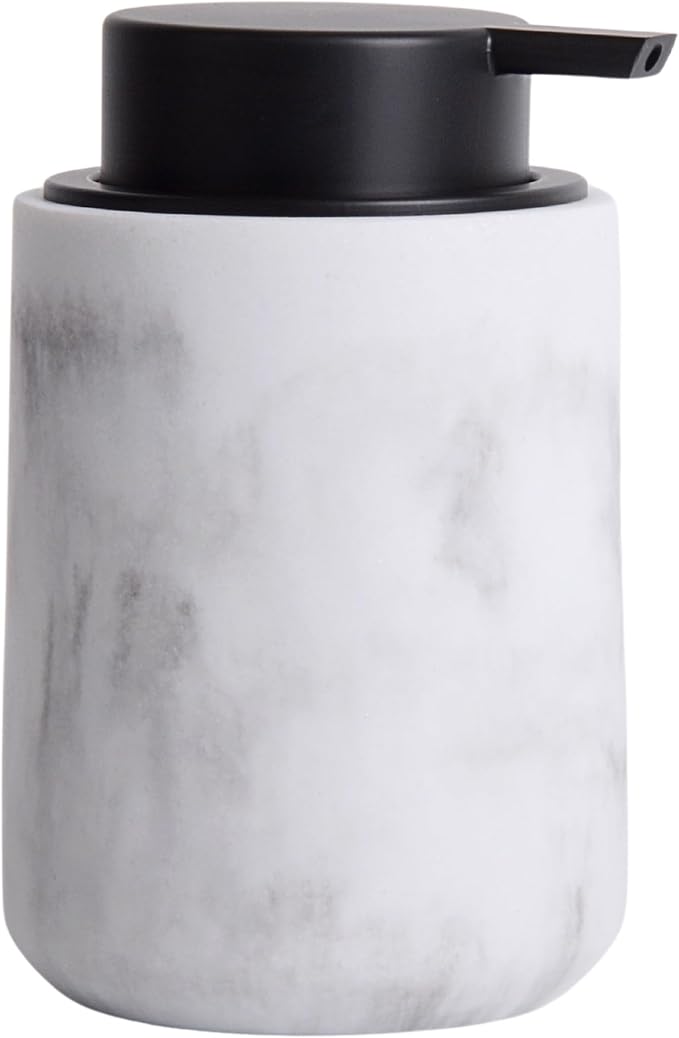 Resin Hand Soap Dispenser Easy-to-Press Liquid Pump, Refillable Soap Dispenser with White Marble Look, Waterproof Bottle Labels for Bathroom Kitchen Dish Lotion (White, 10 oz)