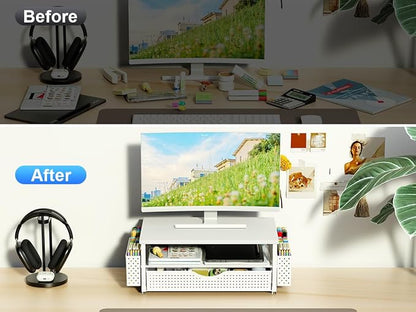 Desk Organizer and Accessories, Computer Monitor Stand Riser with Drawer and 2 Pen Holders, Office Desk Accessories & Workspace Organizers for Office Supplies (White)