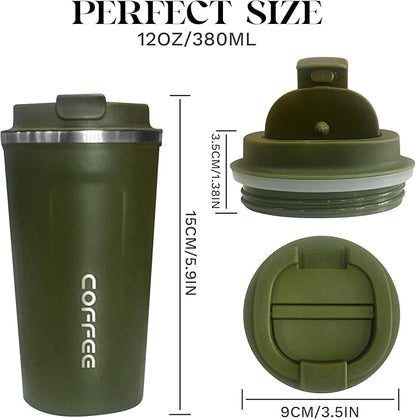 YINBAOGE Insulated Travel Coffee Mug, Spill & Leak Proof, Portable To Go Camping Stainless Steel Coffee Tumbler, Reusable Thermal Coffee Cup with Lid for Hot & Cold Drinks (2nd-Green, 12 OZ)