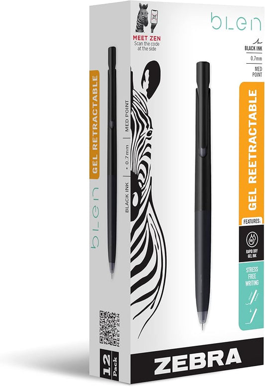 Zebra Pen bLen Retractable Gel Pen, Black Barrel, Medium Point, 0.7mm, Black Ink, (41410) - (Case of 6 packs, 72 Count Total)