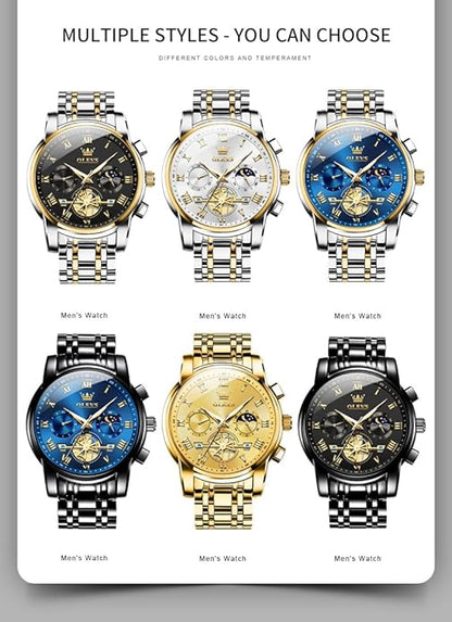 OLEVS Watches Men Waterproof Luxury Big Face Mens Watch Stainless Steel Quartz Analog Dress Watches for Men Luminous Multifunction Man Watch Relojes De Hombre