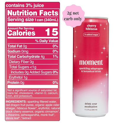 Moment Mocktails Non Alcoholic Drinks (Shark Tank) | SPARKLING Cherry Hibiscus Adaptogen Drink | L-Theanine & Ashwagandha for Calm & Clarity | 0 Added Sugar 0 Caffeine | 12-pack