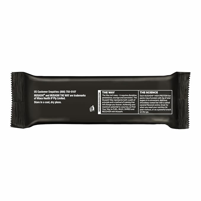 MUSASHI High Protein Bar, 44g Protein, 3g Total Sugars, White Chocolate Caramel, Post Workout and Protein Snack On The Go, 12 Pack of 3.2oz (90g) Bars
