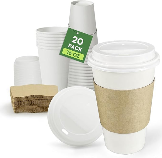Paper Coffee Cups with Lids & Sleeves 16 oz Hot Cups, 20 Pack To Go Cups with Lids & Sleeves, BPA Free Unbleached Thickened Leak Proof White Paper Cups for Everyday Office Coffee Bar Supply Essentials