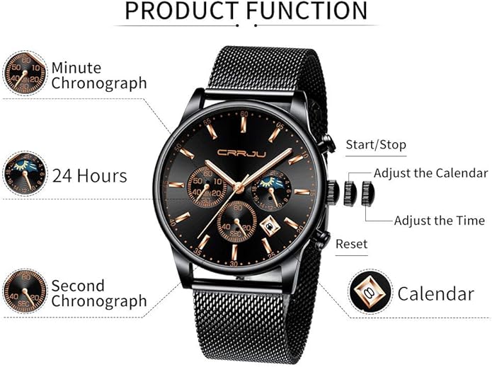 CRRJU Men's Fashion Casual Watches Auto Date Chronograph Watch Men Nice Work Watches Waterproof 30M Full Steel Quartz with Mesh Strap