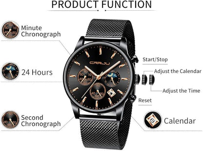 CRRJU Men's Fashion Casual Watches Auto Date Chronograph Watch Men Nice Work Watches Waterproof 30M Full Steel Quartz with Mesh Strap
