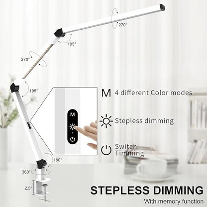 Micomlan LED Desk Lamp with Clamp, Dual Light Table Lamp with Adjustable Swing Arm, Eye-Care 4 CCT Modes & 5 Brightness Levels Clip-on Architect Modern Desk Light for Home Office Crafting Sewing