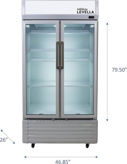PremiumLevella PRN290DX Glass Door Display Refrigerator 29 cu ft Commercial Beverage Cooler Merchandiser With Customizable Lightbox - Silver