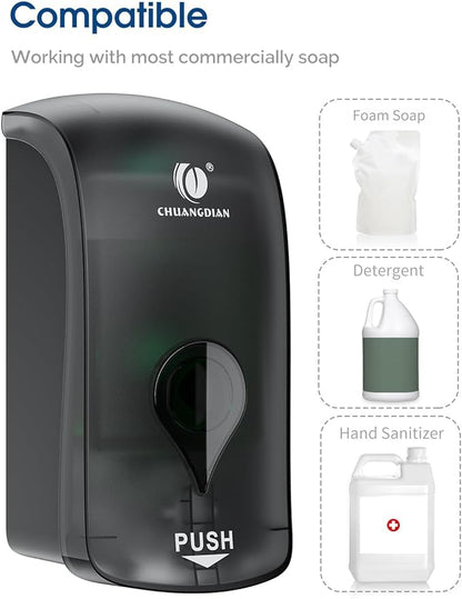 Hand Press Foaming Soap Dispenser, 35oz (1000ml) Refillable Wall Mount Soap Dispenser, Durable ABS Plastic, for Commercial & Home, Semi-Transparent Black, CHUANGDIAN