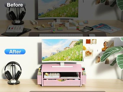 Desk Organizer and Accessories, Computer Monitor Stand Riser with Drawer and 2 Pen Holders, Office Desk Accessories & Workspace Organizers for Office Supplies (Pink)