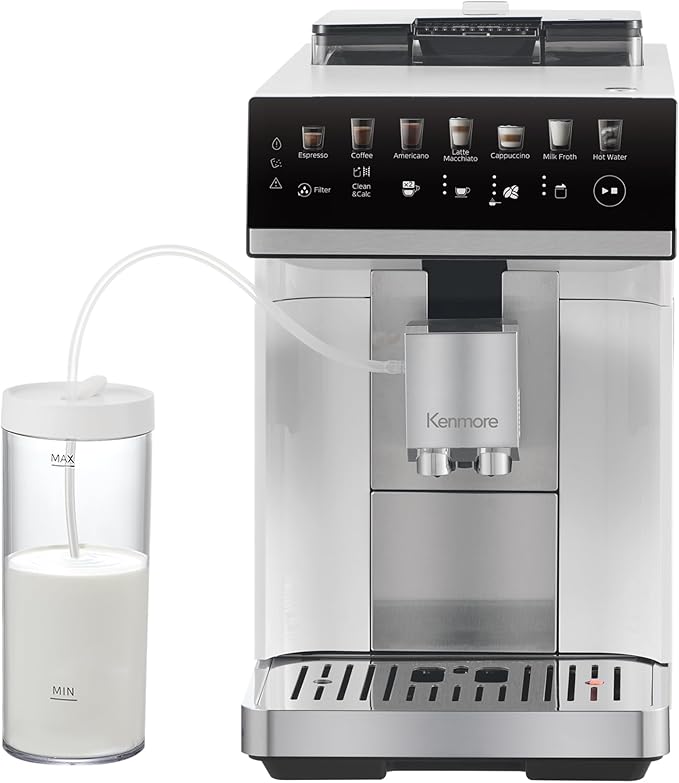 Kenmore Fully Automatic Espresso Machine – Programmable Coffee Machine With Integrated Bean Grinder, Milk Steamer, Frother, Descaler, Barista Cappuccino, Latte, Americano Brewing System, White