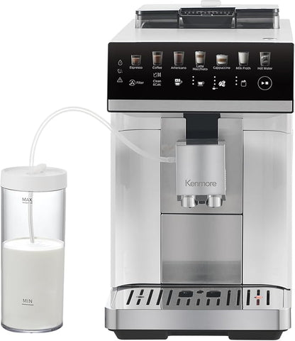 Kenmore Fully Automatic Espresso Machine – Programmable Coffee Machine With Integrated Bean Grinder, Milk Steamer, Frother, Descaler, Barista Cappuccino, Latte, Americano Brewing System, White