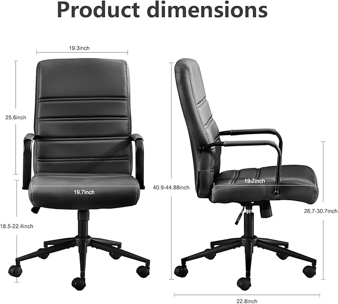 Office Desk Chair Leather, Conference Room Chairs with Wheels, Modern Executive Office Chairs Adjustable Height, Ergonomic Swivel Rolling Ribbed Computer Chair(Matte Black)