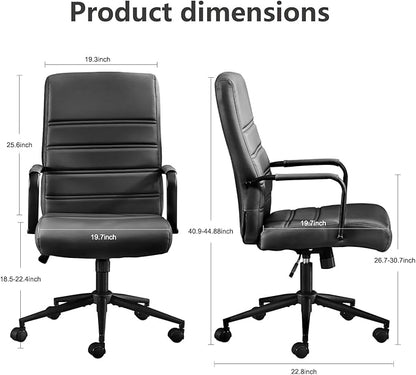 Office Desk Chair Leather, Conference Room Chairs with Wheels, Modern Executive Office Chairs Adjustable Height, Ergonomic Swivel Rolling Ribbed Computer Chair(Matte Black)