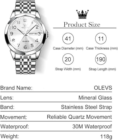 Men's Casual Stainless Steel Watch, Big Face Easy to Read Analog Quartz Watch with Day and Date, Classic Waterproof Diamond Roman Arabic Numerals Dial Dress Watch for Men, Gold Silver Black Band