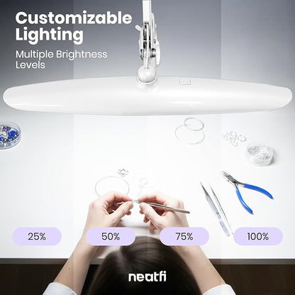 Neatfi XL LED Desk Lamp with Clamp, 2200 Lumens, 24W, 20-Inch Wide Head, Dimmable 4 Brightness Levels, Task Light for Home Office, Crafts, Workbench (Non-CCT, White)