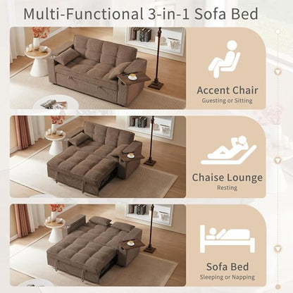 65'' Convertible Sleeper Sofa Bed with Adjustable Backrest, Chaise Lounge, Side Table & USB/Type-C Ports – Stylish & Functional Addition to Any Living Room (Brown)