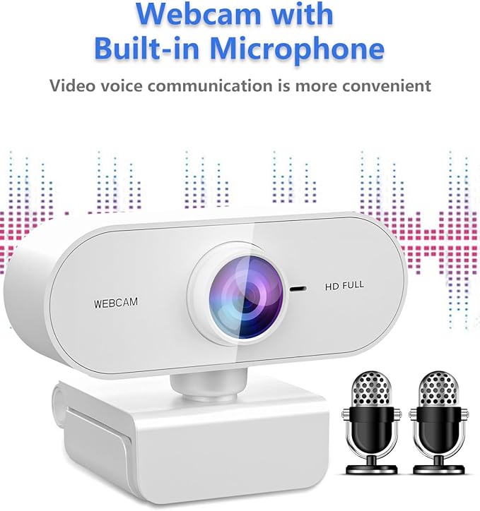 Webcam 1080P HD,Web cam with Microphone, Noise Cancellation, Wide-Angle Lens, Auto Light Correction, Plug & Play USB Webcam for Laptop, Desktop, PC, Mac, Zoom, Skype, Streaming,White