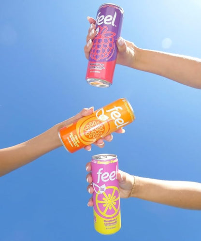 FEEL Zero Sugar Natural Energy Drink Variety Pack – Blackberry Pomegranate, Mango Passionfruit & Raspberry Lemonade, 140mg Plant-Based Caffeine with L-Theanine for Focus, Vitamin C for Immunity, Vegan, Non-GMO, No Artificial Sweeteners, 12 Fl Oz Cans (...
