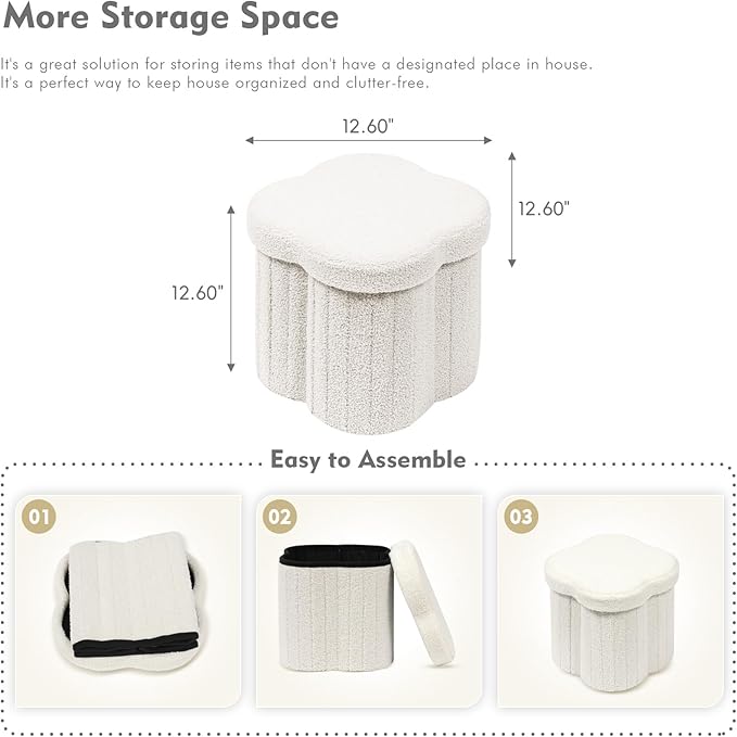 B FSOBEIIALEO Storage Ottoman Cube, Flowers Shaped Ottomans with Storage Foot Stool Footrest for Lving Room, Boucle Ottoman Seat for Dorm Room,Faux Teddy Fur, Cream White 12.6"x12.6"x12.6"