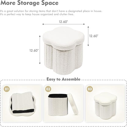 B FSOBEIIALEO Storage Ottoman Cube, Flowers Shaped Ottomans with Storage Foot Stool Footrest for Lving Room, Boucle Ottoman Seat for Dorm Room,Faux Teddy Fur, Cream White 12.6"x12.6"x12.6"