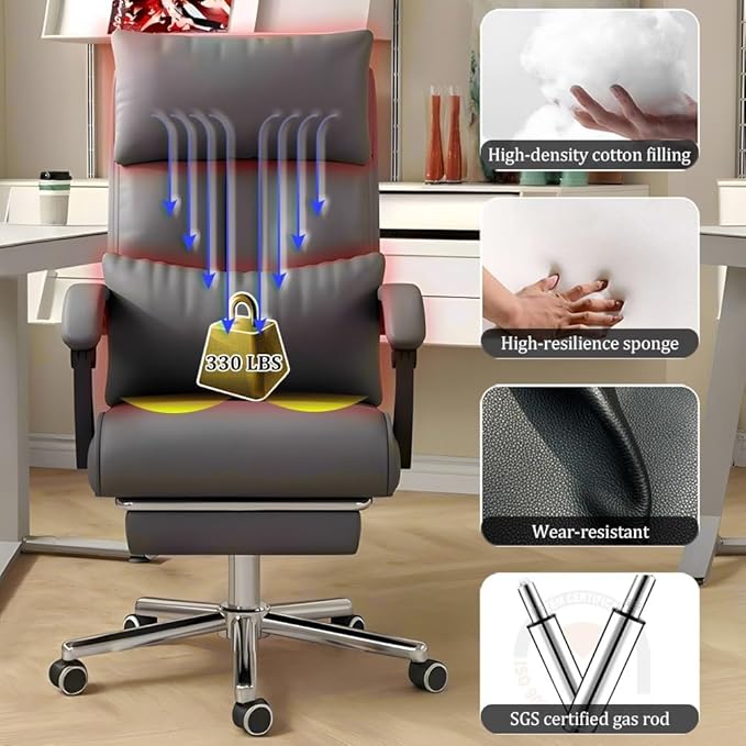Big and Tall Office Chair, Reclining 330LBS Ergonomic Executive Desk Chair, with Lumbar Support, Silent Wheel, High Back Leather Computer Chair, Comfy Desk Chair for Home Office